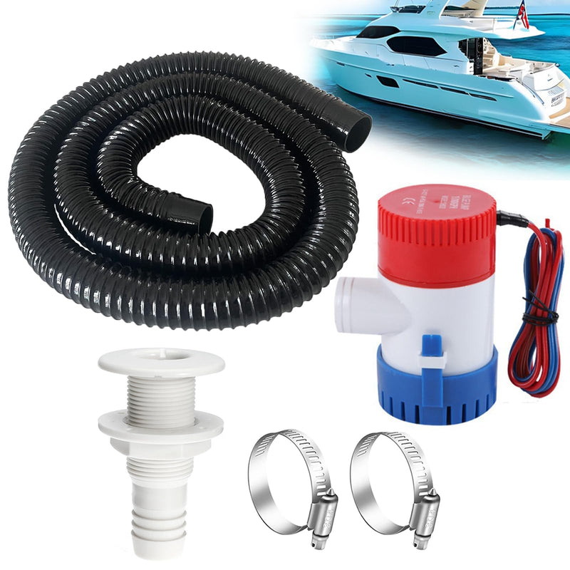 1-1/8 Boat Bilge Pump Hose Kit,1100gph Electric 12v Bilge Pump Can Choose,1-1/8 Dia 6 FT Kink-Free PVC Hose,1-1/8 Inch ABS Thru-Hull Fitting,2PCS Stainless Steel Hose Clamps for Boat Marine Hose Kit+Manual Bilge Pump