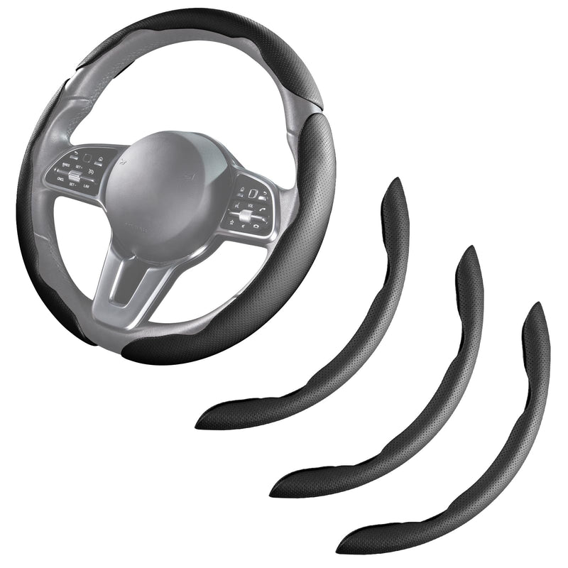 Car Steering Wheel Cover Leather Snap On 3Pcs Set Non-Slip Protector Wrap Steering Wheel Accessories 14.5-15 inch Universal Black Black A