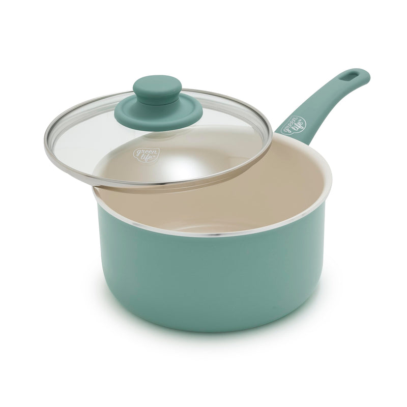 GreenLife 2.5QT Nonstick Saucepan with Glass Lid, Soft Grip, PFAS-Free Ceramic, Multipurpose Chef Pan, Milk & Sauce Cooking Pot, Dishwasher & Oven Safe to 350˚F, Stay-Cool Handle, Turquoise 2.5 Quarts