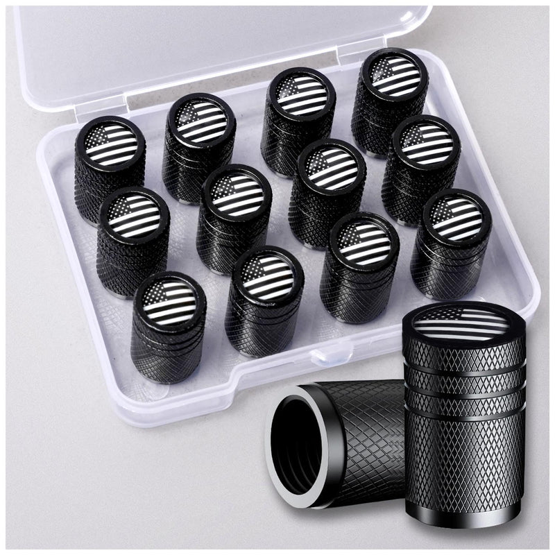 American Flag Tire Valve Stem Caps, Aluminum USA Caps Black, Universal Dust Proof Covers for Cars Trucks Bikes Motorcycles Bicycles Corrosion Resistant Black and White National Flag 12PCS Black White USA (12 Pack)