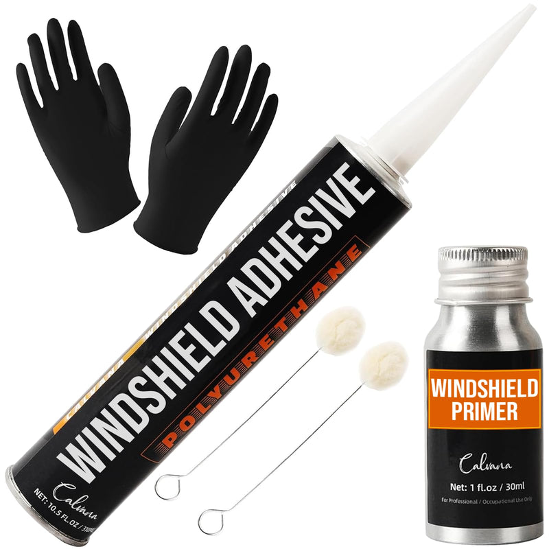 Urethane Windshield Adhesive 310ml, Automotive Polyurethane Sealant, Car Glass Chip & Crack Repair Kit with 1 windshiel Primer, 1 Pair Gloves, 2 Applicator Sticks, Quick Curing, Black Adhesive1pk+Primer1pk