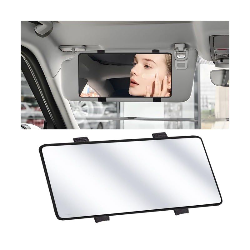 Car Sun Visor Vanity Mirror, Vehicle Sun-Shading Cosmetic Makeup Mirror with Straps, Large Automotive Interior Rear View Travel Accessories, Universal for SUV, Sedan, Truck(Black) Black/No LED