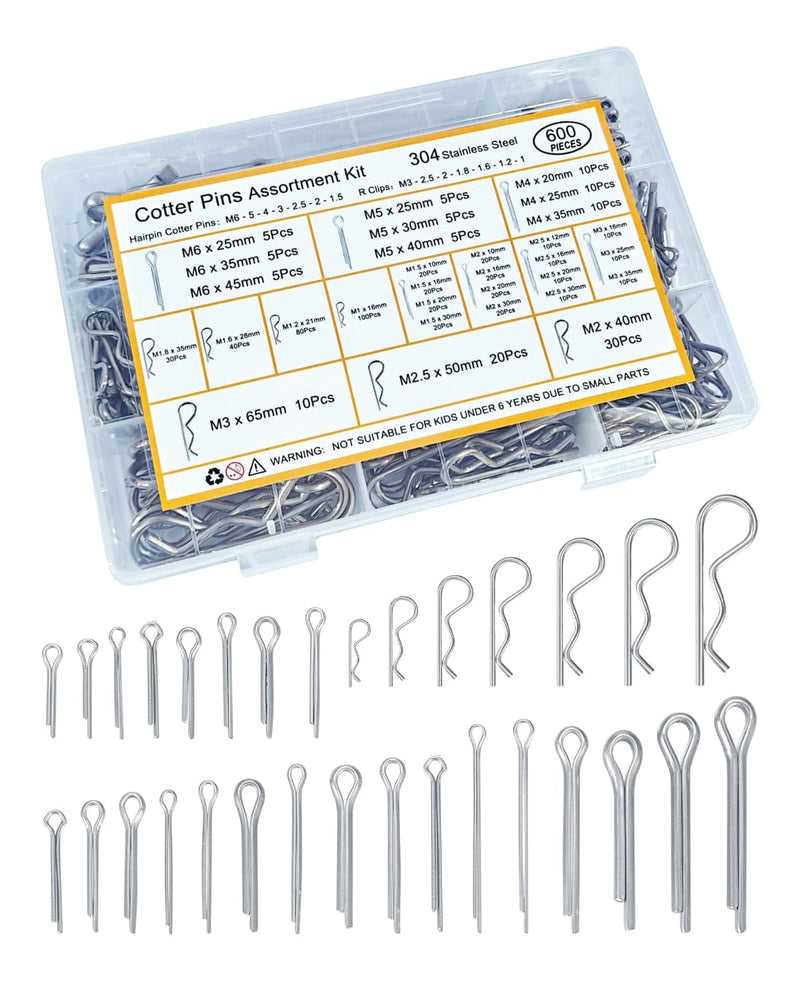 600 Pcs Cotter Pins Assortment Kit - 31 Sizes Hardware Pins Set 304 Stainless Steel Hitch Pin Clip Small Carter Pins Used for Automotive, Trailer Hitch,Lawn Mower R&U-600pcs
