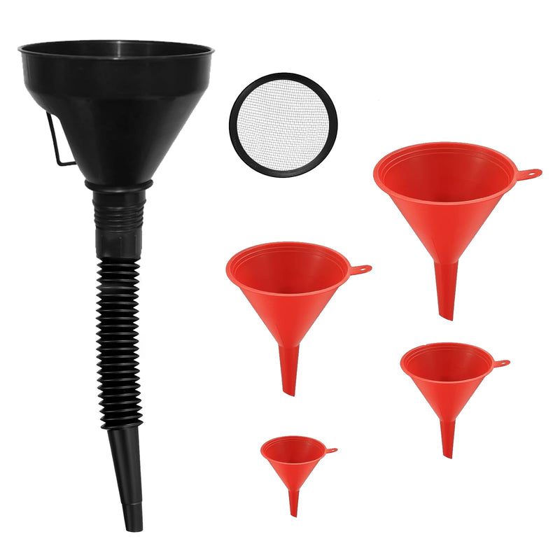 5 Pcs Automotive Funnels Set, Wide Mouth Fuel Funnel, Plastic Long Neck Oil Funnel, Flexible Right Angle Funnels, with Detachable Spout and Filter for Water/Gasoline/Coolant/Engine Oil 5