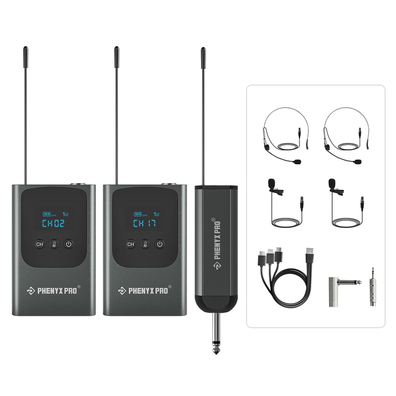 Phenyx Pro Dual Digital Wireless Microphone System, Portable Mini Receiver, 2x15 UHF Frequencies, 2 Bodypack Transmitters, Headset/Lapel Microphone for Singing, Karaoke (PDP-2-2B)