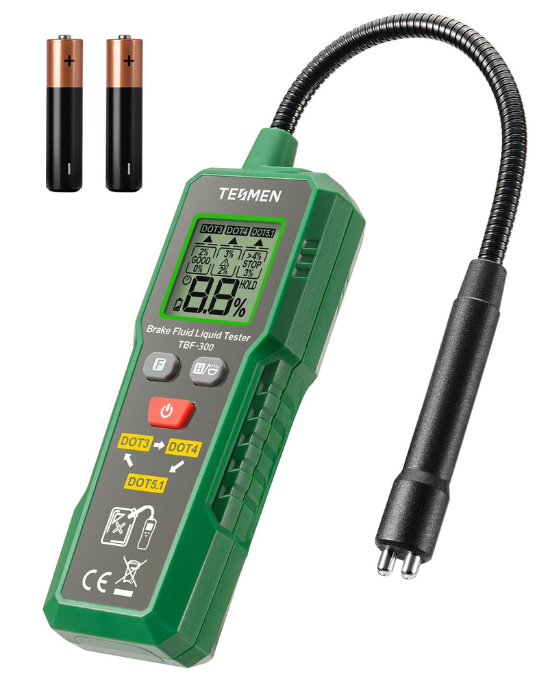 TESMEN TBF-300 Brake Fluid Tester with 8.5-Inch Corrosion Resistance Gooseneck Probe, Testing for DOT3, DOT4, DOT5.1, Brake Fluid Tester Pen with Light, Data Hold, Backlight Alarm for Auto Care-Green SMALL Green 1