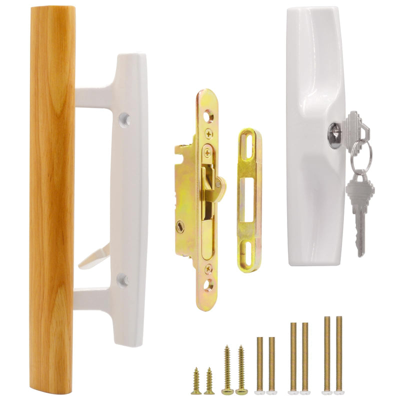 Sliding Glass Patio Door Handle Set with Key Cylinder and Mortise Lock 45° Keyway, Oak Wood Inside Handles and Zinc Diecast Outside Pull, 3-15/16" Hole Spacing, Non-Handed, White White Keyed Handles + Mortise Lock