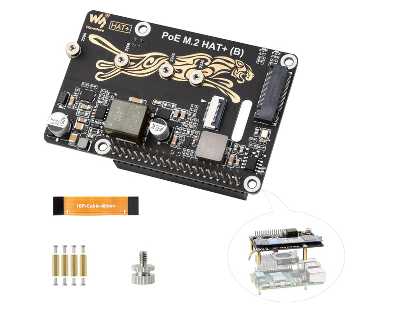 PCIe to M.2 Adapter with PoE Function Compatible with Raspberry Pi 5, Pi 5 NVMe PoE HAT+ Support NVMe M.2 Solid State Drive SSD 2230/2242/2260/2280, High-Speed Reading/Writing