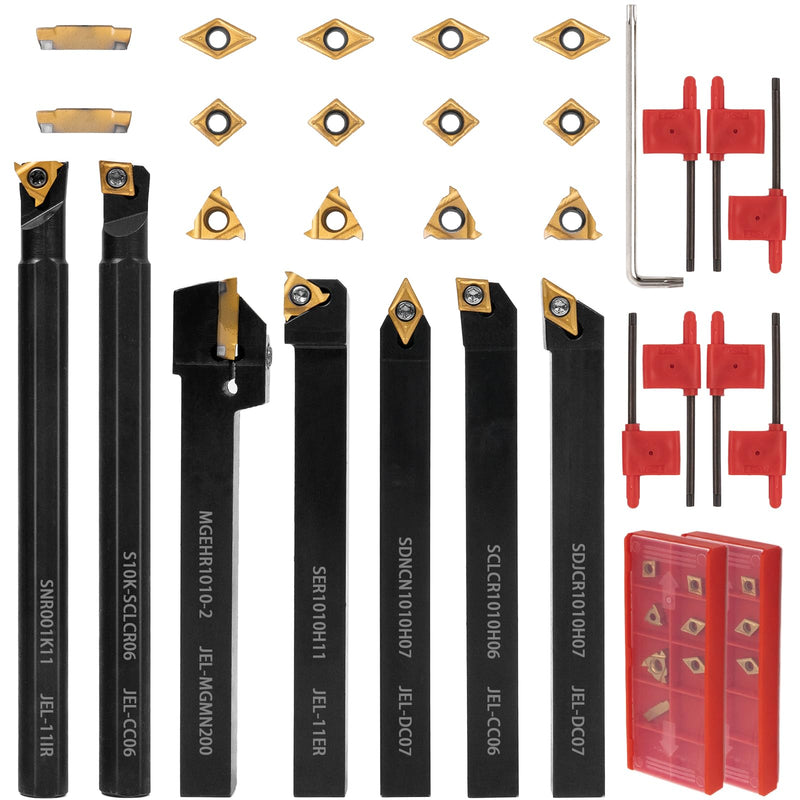 21 PCS Kit,Indexable Lathe Turning Tool,3/8" 10mm Shank,7Pcs Metal Lathe Cutting Holder with 14Pcs Carbide Turning Inserts,Carbide Lathe Turning Tools for Turning Grooving Threading Boring 7pcs 3/8″ 10mm Shanks+14pcs Inserts