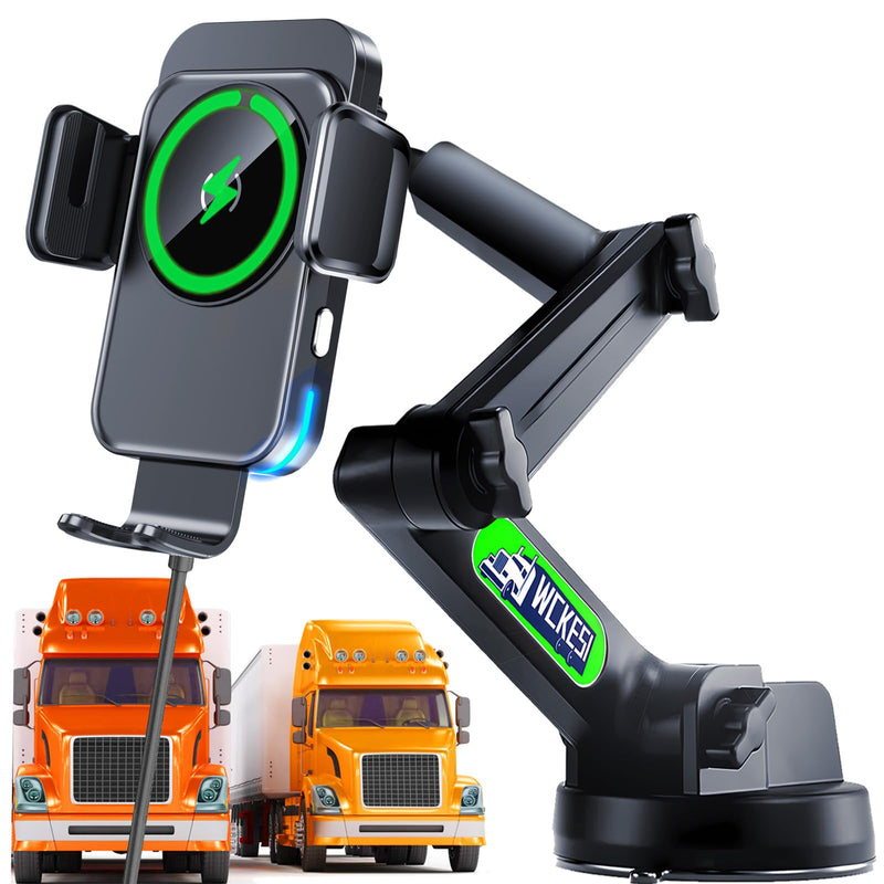 Wireless Car Charger Phone Holder Mount for Truck, 15W Fast Charging | 15-Inch Long Arm, Heavy Duty Trucks and Pickup Accessories, Strong Vacuum Dashboard & Windshield Mount, for iPhone Samsung LG TRUCK-1