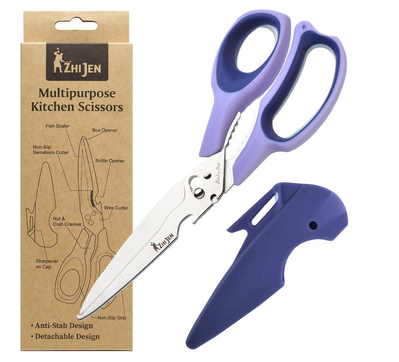 All Purpose Kitchen Scissors for Food and Heavy-Duty, Stainless Steel Cooking Shears for Chicken, Poultry, Meat, Herbs, Fish, Bones, Multi-Purpose Cooking Accessories with Cap and Sharpener Blue-purple