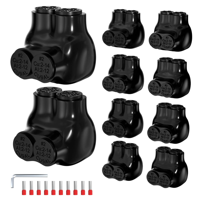 Joinfworld 2 Port Insulated Multi Tap Connector 2-14AWG Aluminum to Copper Wire Connectors Single Side Entry Aluminum Black Electrical Cable Connectors with Slotted Allen Hex - 10 Pack 2-14 AWG(10pcs)