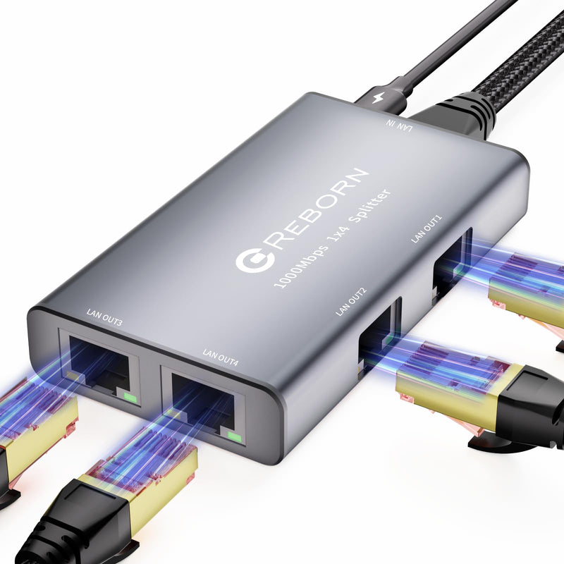 Reborn Ethernet Splitter 1 to 4 High Speed 1000Mbps, RJ45 Gigabit Ethernet Cable Splitter 1 to 4, LAN Splitter with USB Power Cable for Cat 5/6/7/8 Cable [4 Devices Simultaneous Networking]