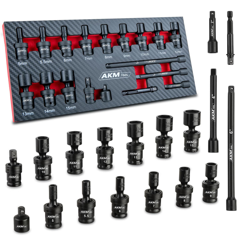 1/4" Drive Universal Impact Socket Set, 18 Piece Swivel Socket Set, Universal Joint Wobble Socket 6-Point, Metric, 5-15mm, Cr-Mo, with Extension Bars, Socket Adapter, Drill Bit Adapter 18 PCS 1/4" Drive Swivel Socket Set