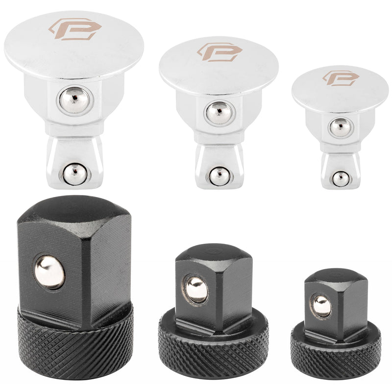 Powerbuilt 6 Piece Wrench Wobble Adapter and Low Profile Socket Adapter Set, Sockets to Combination Wrench, Interchangeable 1/4 Inch, 3/8 Inch, 1/2 Inch Drive, Designed to Fit Tight Spaces - 643050ECE 6 Piece Low Profile