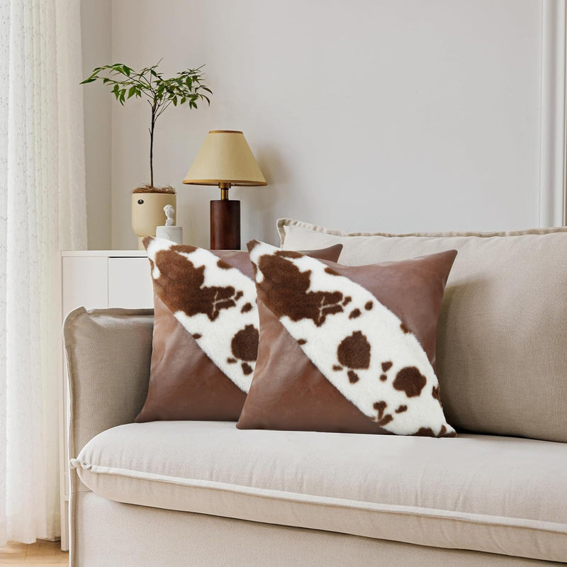 TOMWISH Faux Fur and Artificial Leather Throw Pillow Covers 18x18 Set of 2,Western Decor Christmas Decorative Modern Throw Pillows for Bedroom Living Room Sofa Car Cushion Cover(White and Brown) 18" x 18" (Pack of 2) Faux Fur and Artificial Leather-1