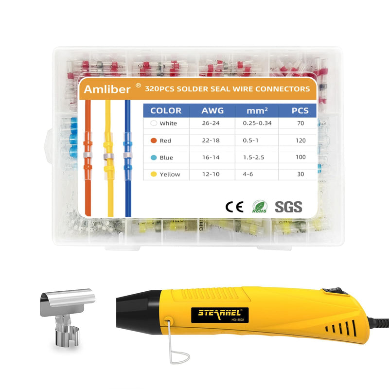 320PCS Solder Stick Wire Connectors with Heat Gun 400W, Solder Seal Wire Connectors Solderstick Waterproof Solder Wire Connector Kit for Marine, Automotive, Boat, and Truck Wiring(26-10 AWG) 320pcs solder stick with heat gun