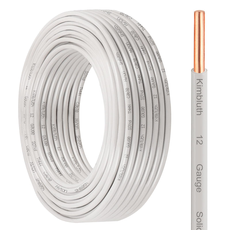 THHN Wire 12 Gauge 50 FT OFC Electrical Wire, 12 AWG Solid Copper Wire Rated up to 600V Building Wire Nylon Jacket for Residential, CNC, Ground, Industrial (12 Gauge, White) 12 Gauge 50FT