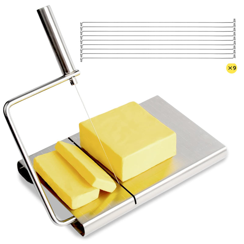 Cheese Slicer with 9 Replacement Wires, Heavy-Duty Stainless Steel Cheese Cutter Board, for Block Cheese, Dishwasher Safe