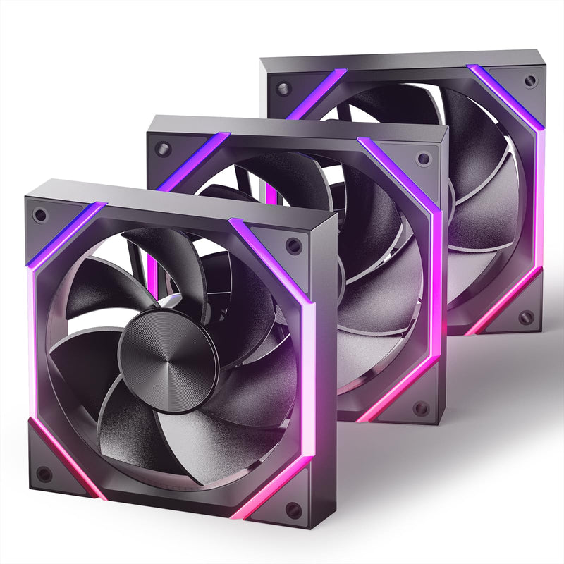 Asiahorse Nyota 120mm Case Fan with Efficient Cooling, ARGB Fan Lighting, 800-1800RPM Speed Control, and Whisper-Quiet Operation Under 29 dB, Unique Design for PC 120mm-3Pack Black-Reverse Blade