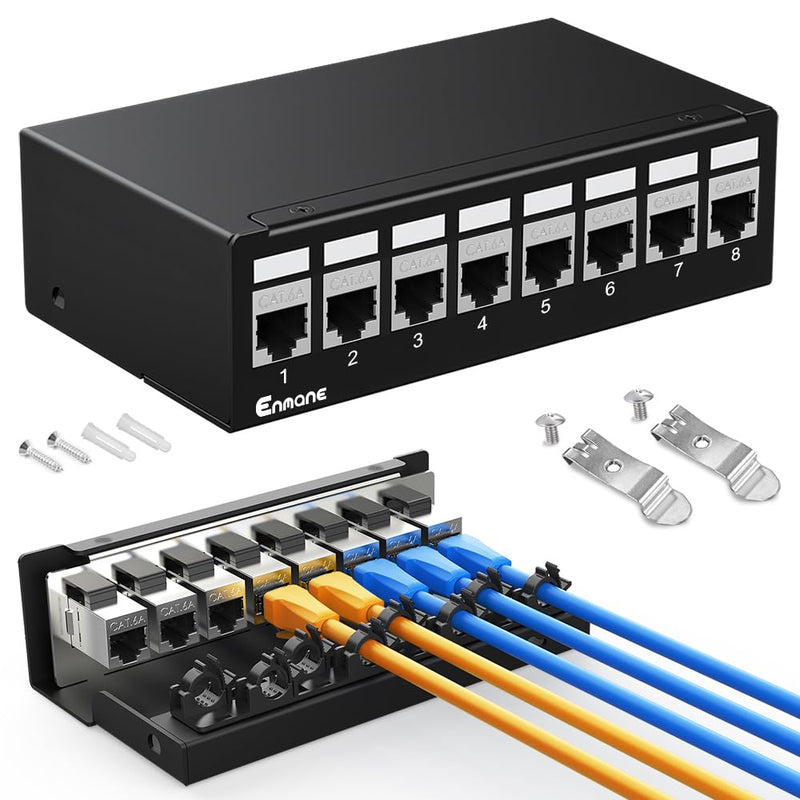 8Port Patch Panel CAT6A Keystone Patch Panel Shielded Network Patch Patch with Smart Cable Management for Home/Office Network (1U 8Port, CAT6A) 1U 8Port