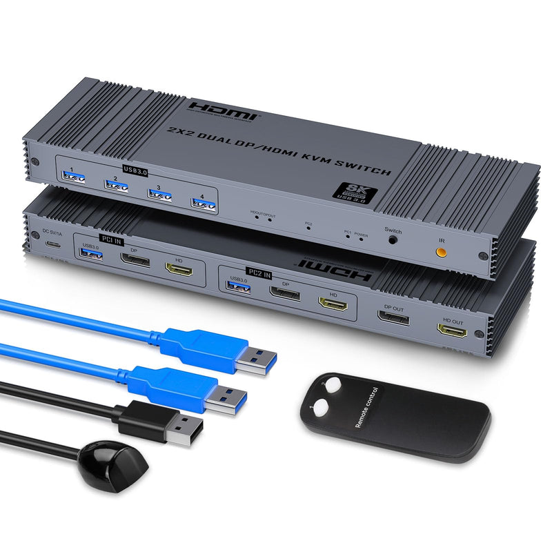 8K HDMI and Displayport KVM Switch 2 Monitors 2 Computers USB 3.0 Dual Monitor HDMI+DP KVM Switch for 2 Computers Share 2 Monitors and 4 USB 3.0 for Keyboard Mouse with IR Controller
