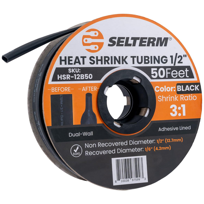 SELTERM 1/2" Black [50 Feet] Marine Grade Heat Shrink Tubing Roll, 3:1 Ratio Dual Wall Adhesive Lined Waterproof Heat Shrink Wrap Tube, for Battery Cable Lugs Wire Terminals Connectors 1/2" - 12.7MM