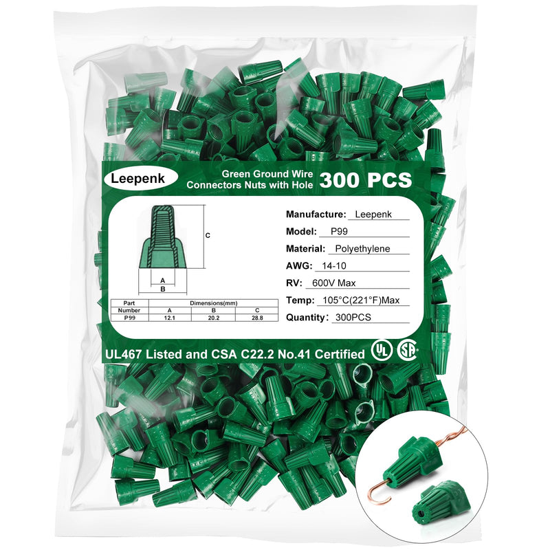Leepenk 300PCS Green Ground Wire Nuts with Hole,14-10 AWG Winged Electrical Wire End Connectors Caps,UL and CSA Certified P99,Twist-On Easy Screw-On for Cable Grounding,Ideal Electrical Connectors 300