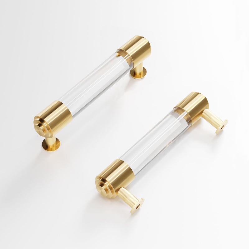 Modern Brass and Acrylic Kitchen Cabinet Pulls 4 Inch Hole Center 4Pack Elegant Gold Drawer Handle Charming Dresser Knob for Closet Cupboard Wardrobe Laundry Room Bathroom Double Hole: 4 Inch