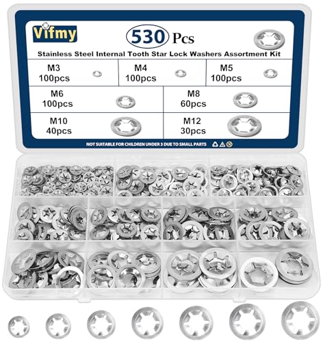 Internal Tooth Starlock Washers Push Nuts Assortment (M3-M12) 530Pcs Internal Tooth Star Lock Washer 530