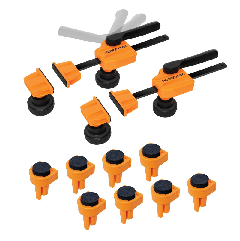 POWERTEC 72240 Bench Dog Clamps w/Bench Dogs for 3/4" Dog Holes | 2PCs Quick Clamp and Release Wood Clamps with 176lbs Clamping Force, 8PCs Durable Bench Dogs with Grommet Bench Brake Inserts Bench Dog Clamps (2PCs) w/ Bench Dogs (8PCs)