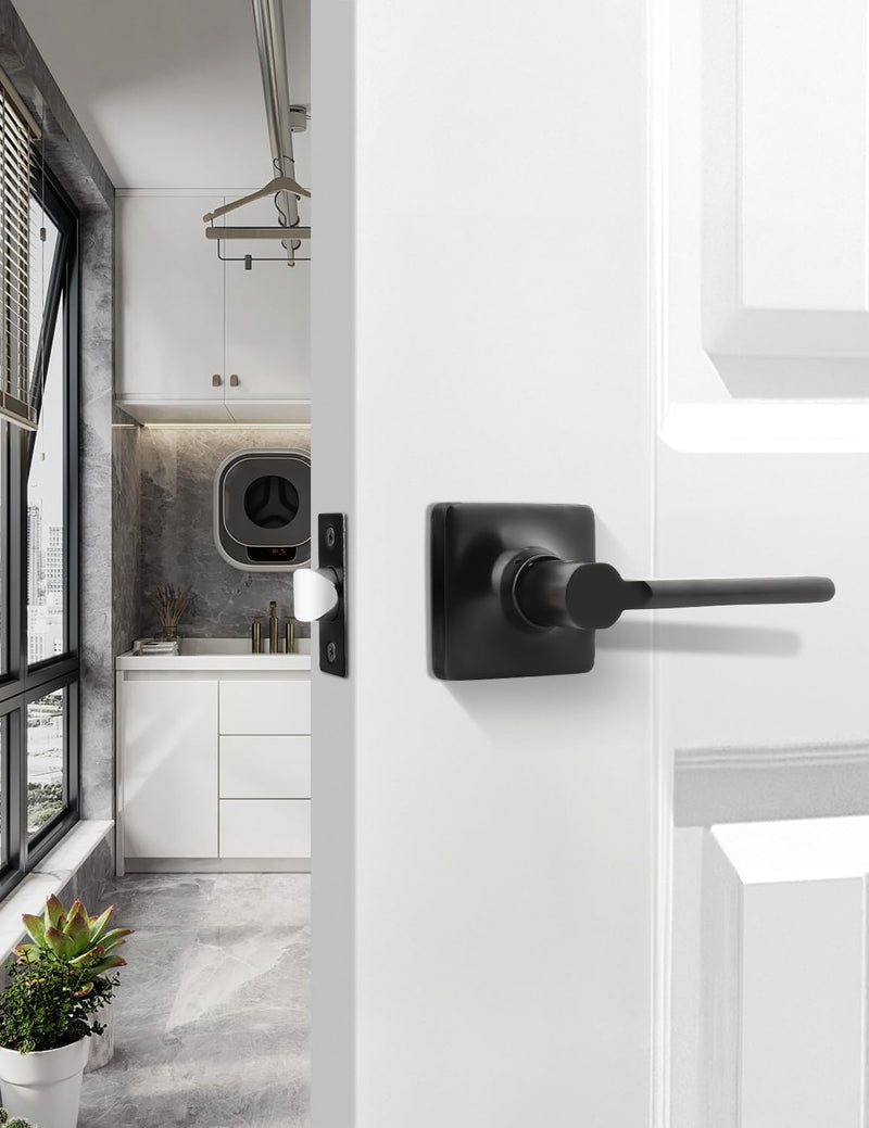 Mengico 1 Pack Passage Door Levers Black Finish, Heavy Duty Interior Door Handles for Closet and Hallway, No-Locking Keyless Square Door Knob, Reversible for Left or Right