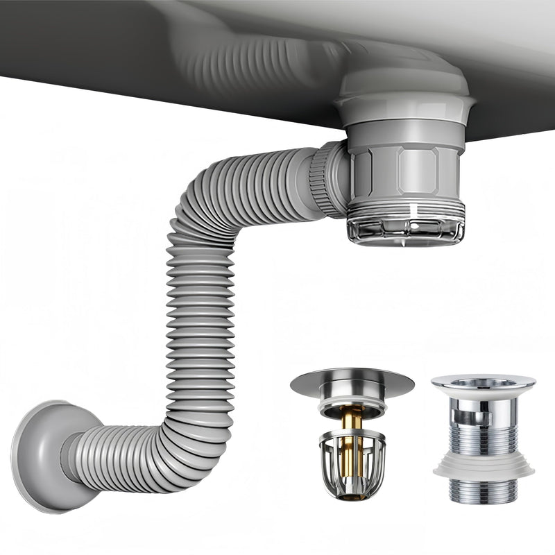 Bathroom Sink Drain Kit with Flexible Expandable Pipe: Odor-Free & Backflow-Preventing, Space-Saving Design without a P-trap, For 1-1/4'' & 1-1/2'' Drain Hole (Chrome, With Overflow) Chrome