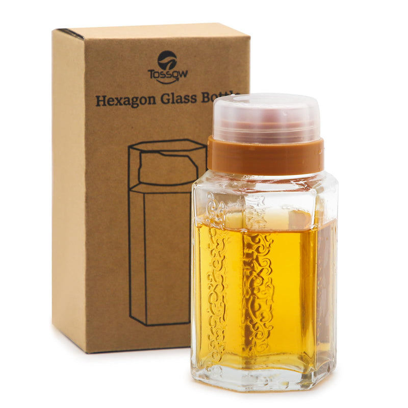 TOSSOW Glass Honey dispenser Oil Bottle Leakproof Condiment Container Oil Vinegar Cruet with Pourers and Funnel Olive Oil Carafe Decanter Non-Drip Spout for Kitchen Cooking 350ml/12oz Yellow