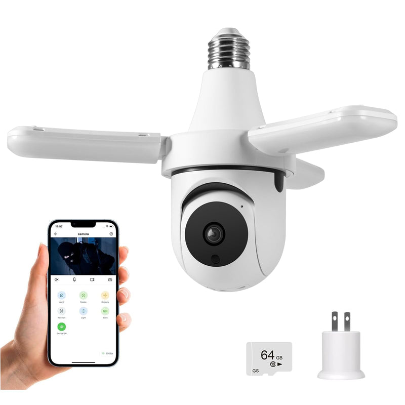 TOWODE Light Bulb Security Camer,LED Light Bulb Camera 3MP HD Smart Garage Security Camera with AI Human Detection,Two-Way Audio,Color Night Vision,Compatible with Alexa（with 64G TFcard） 1