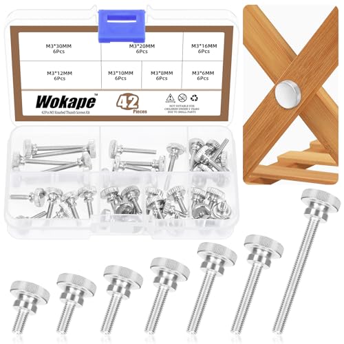 42Pcs M3 Knurled Thumb Screw Assortment Kit, M3*6/8/10/12/16/20/30MM Nickel Plated Iron Knurled Thumbscrew Flat Knurled Head Fully Threaded Bolts Fastener with Shoulder Grip Knobs Fasteners