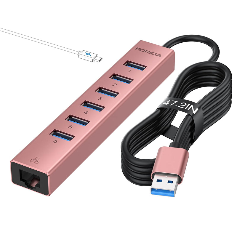 Aluminum USB 3.0 Adapter USB to Ethernet HUB with 120CM Long Cable for Laptop USB Extender with Gigabit Ethernet Port and 5V/3A Power Port 7 Ports USB Hub for iMac PC Flash Drives (Rose Gold) Rose Gold