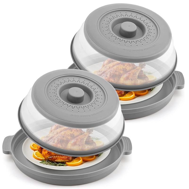 2 Pack Microwave Splatter Cover for Food with Anti-scald Base Plate,Large Plastic & Silicone Vented Avoid Scalding Collapsible Guard Lid,Kitchen Essential Gadgets for Meal Prep-10.7 Inch 2 Pcs Gray