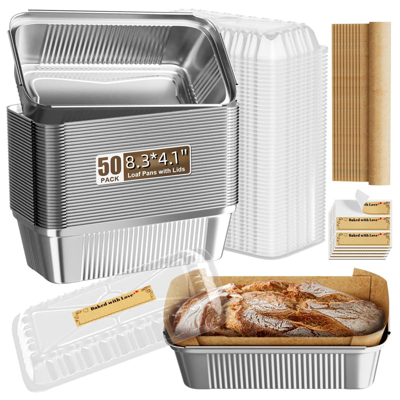 Gyreuni 50 Pack Aluminum Loaf Pans with Lids Stickers and Parchment Paper Sheets,2.4Lb Heavy Duty Aluminum Foil Premium Bread Tins - 8.3" X 4.1" X 2.2" Disposable Baking Pans 8.3*4.1*2.2