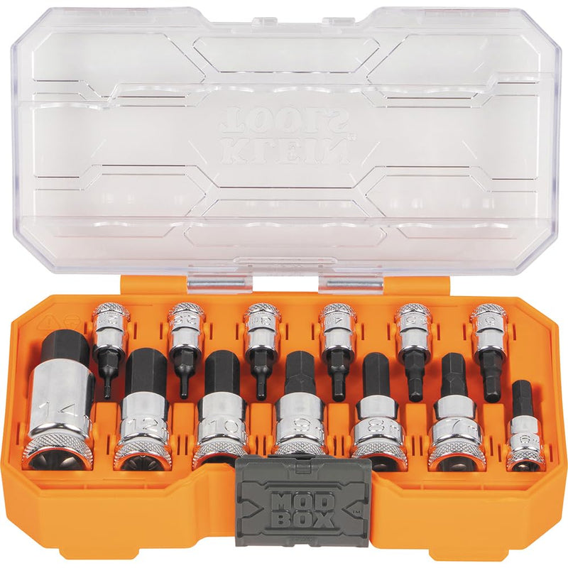 Klein Tools 65213HEXM Knurled Hex Bit Metric Socket Set, 1/4, 3/8 and 1/2-Inch Drives, Premium Cr-V Steel, Metric Sizes 2 mm to 14 mm, MODbox Case, 13-Piece