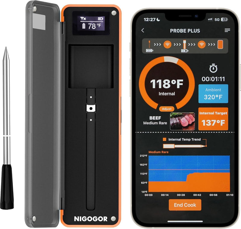Smart Wireless Meat Thermometer with Thinnest Probe, Magnetic Bluetooth Food Thermometer, Remote Tracking and Real-Time Readings from Apps, for iOS and Android, for BBQ, Grill, Smoker