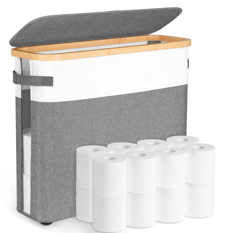 Extra Large Toilet Paper Storage Basket with Lid, 32.4L Toilet Paper Holder for Bathroom, Modern Neutral Style Holds 12–16 Rolls Waterproof & Sturdy with Leather Handles, Grayish White