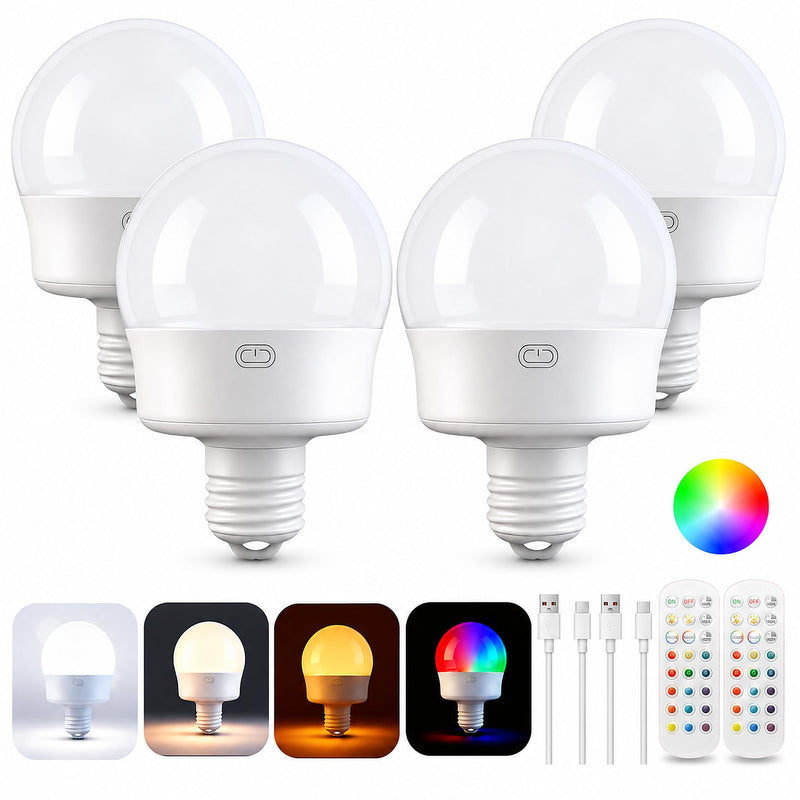 Rechargeable Battery Operated Light Bulbs, E26 Socket (Magnetic Detachable) Light Bulb for Lamps with Remote Control Dimmable＆Timer, Puck Emergency Lamp for Non-Hardwired Wall Sconce (Pack of 4) 4 Pack