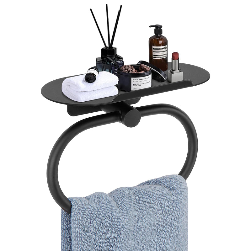 Hand Towel Ring with Shelf, Stainless Steel Hand Towel Holder, Heavy Duty Bath Accessories, Wall Mounted Towel Hanger for Bathroom Kitchen (Matte Black) Matte Black