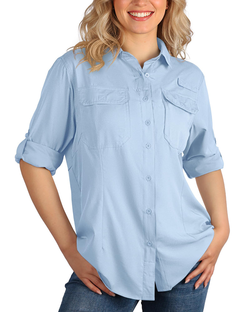 33,000ft Women's UPF 50+ UV Long Sleeve Sun Protection Safari Shirts Quick Dry Outdoor Fishing Hiking Travel Shirt Light Blue Medium