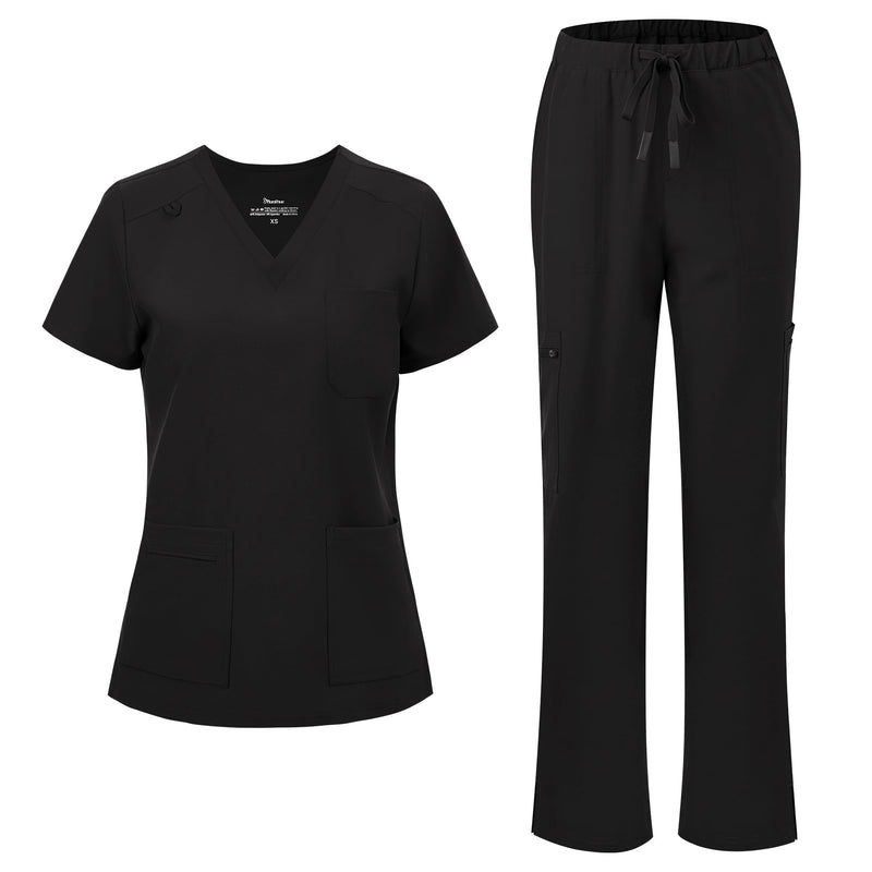 floralhue Scrubs for Women, V-Neck Scrubs Top & Cargo Pants with 12 Pockets, Yoga Waistband, 4 Way Stretch Large Black