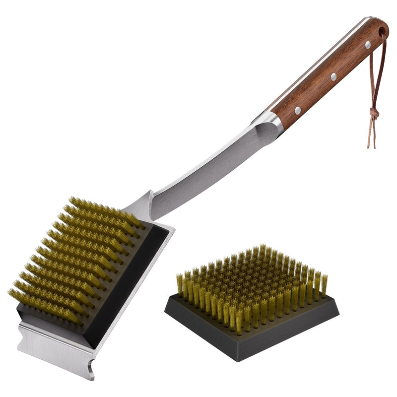 ENLOY Grill Brush and Scraper for Barbecue, 17" Grill Brush for Outdoor Grill, Extended Rosewood Handle and 2 Replaceable Copper Wire Brush Heads, Grill Cleaning Brush Grill Accessories for Most Grill Grill Brush & Scraper