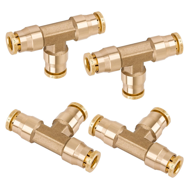 1/4" Tee Union Push to Connect Fittings， 4PCS DOT Approved Air Fittings Brass Air Brake Line Fittings，Quick Push in Union Fittings for Trucks Trailers Industrial Workshops 1/4 Inch DOT Union Tee