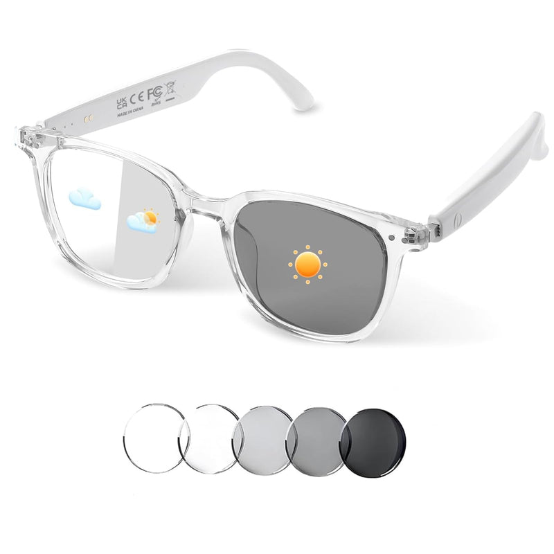 Bluetooth Audio Smart Glasses, Blue Light Glasses for Women Men, Remote Shooting, Open Ear Sound Mic &Speakers, Magnetic Charging, Color-Changing & Polarized Lenses, Voice Assistant (GS07-Clear) GS07-Clear