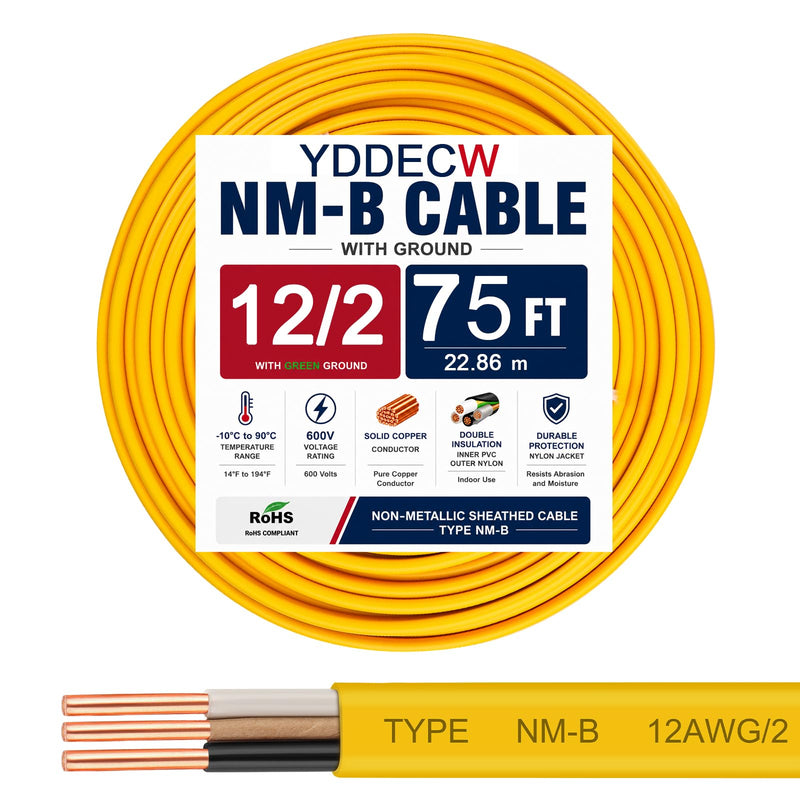 12/2 NM-B Wire with Ground - 15FT 12 Gauge Non-Metallic Sheathed Cable Pure Copper 12 AWG 2 Conductor Residential Indoor Wire for Outlets, Switches and Other Loads etc. 12AWG/2